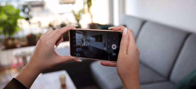Eine Kundin der Umzugsfirma Wegener Umzugslogistik führt mit ihrem Smartphone eine Videobesichtigung in ihrer Wohnung durch.